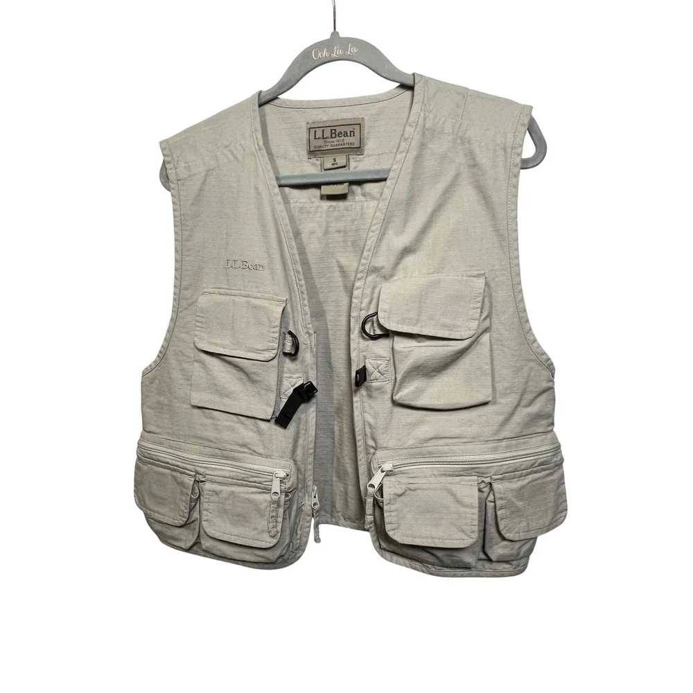LL Bean Mens Small Khaki Ripstop Cotton Utility Fishing Safari Vest Beige - Picture 1 of 12